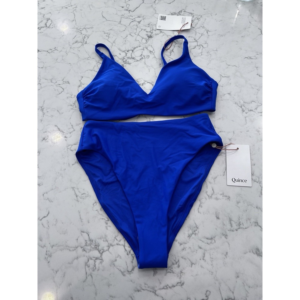 NWT Quince Electric Blue Italian V Neck Bikini Top & High Rise High Leg Bottom